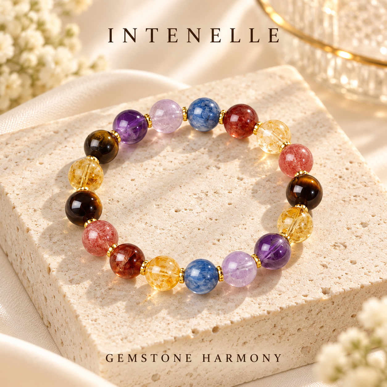 Multicolor natural gemstone bracelet with gold-tone spacers by INTENELLE