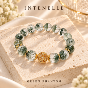Green phantom quartz bracelet with gold-tone filigree bead by INTENELLE